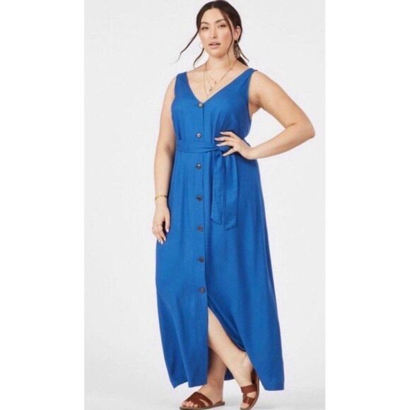 NEW JustFab Plus Size Button Front Maxi Dress Blue Coastal Boho Cottage Chic - Picture 3 of 11